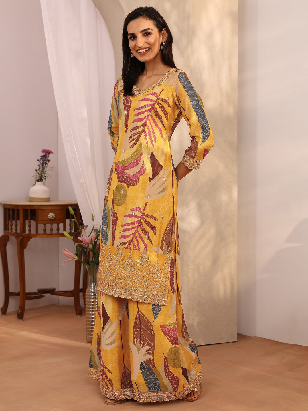 Mustard Printed Chinon Straight Suit Set With Dupatta