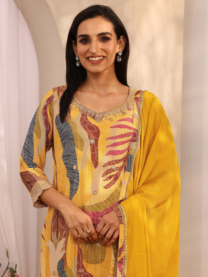 Mustard Printed Chinon Straight Suit Set With Dupatta