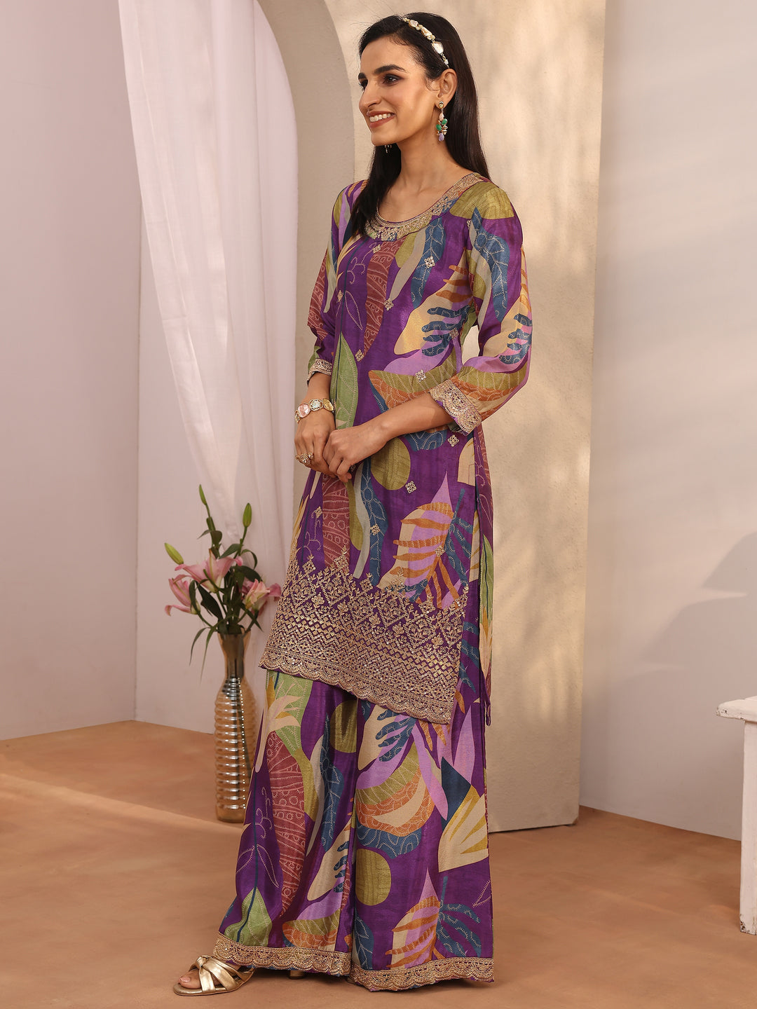 Purple Printed Chinon Straight Suit Set With Dupatta