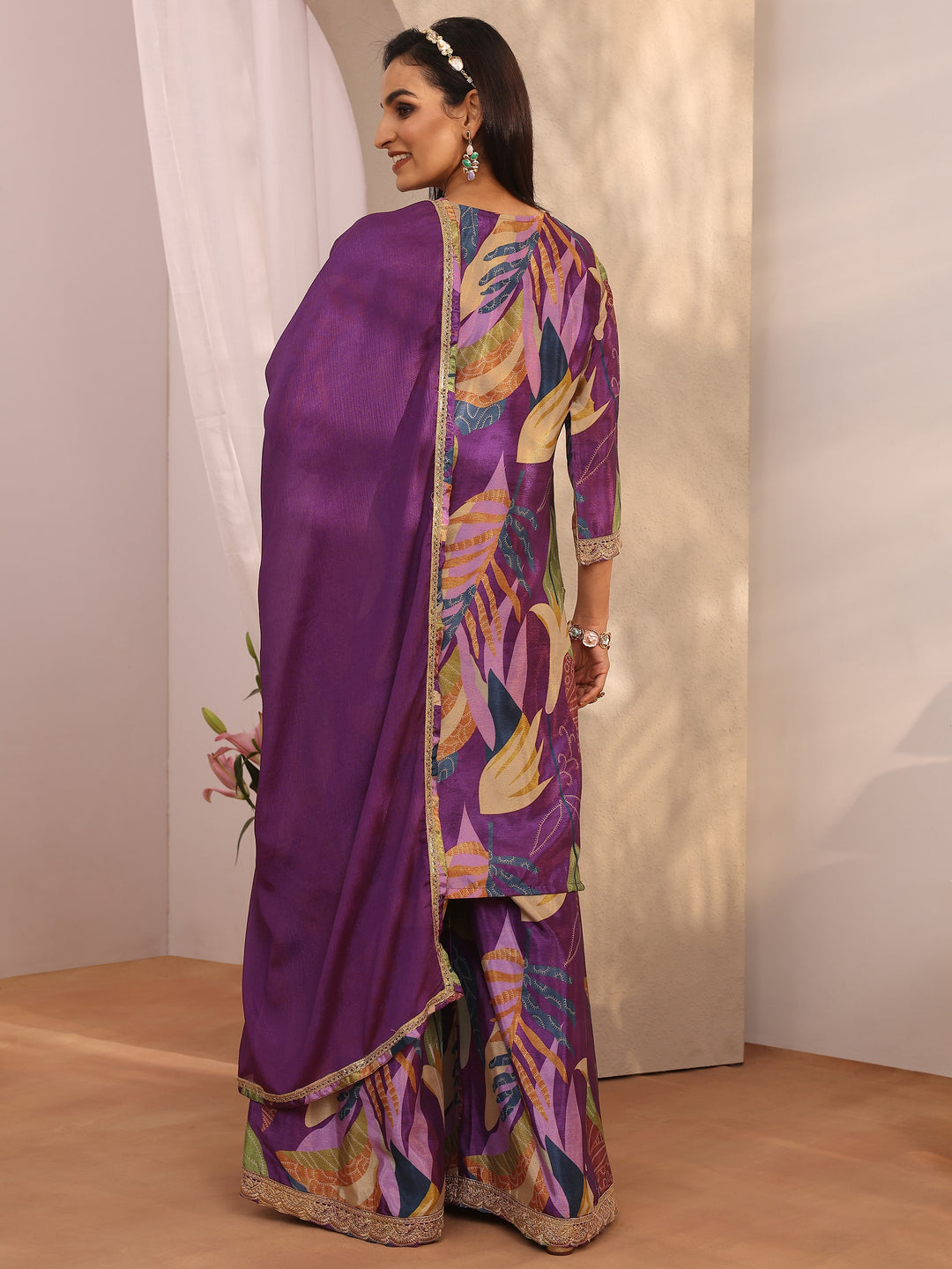 Purple Printed Chinon Straight Suit Set With Dupatta