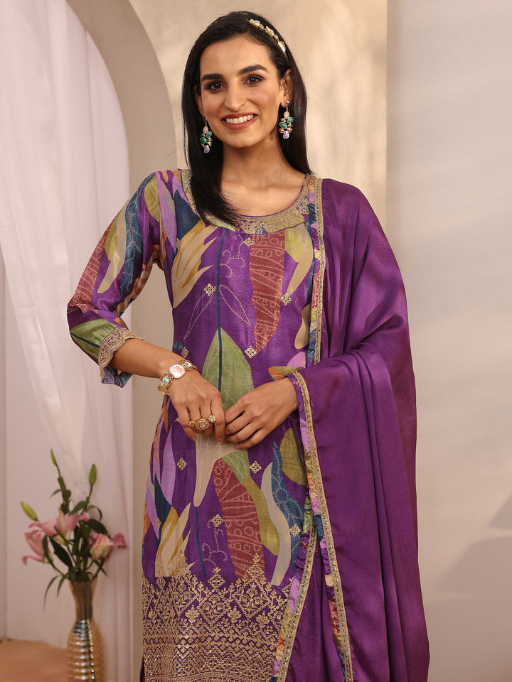 Purple Printed Chinon Straight Suit Set With Dupatta