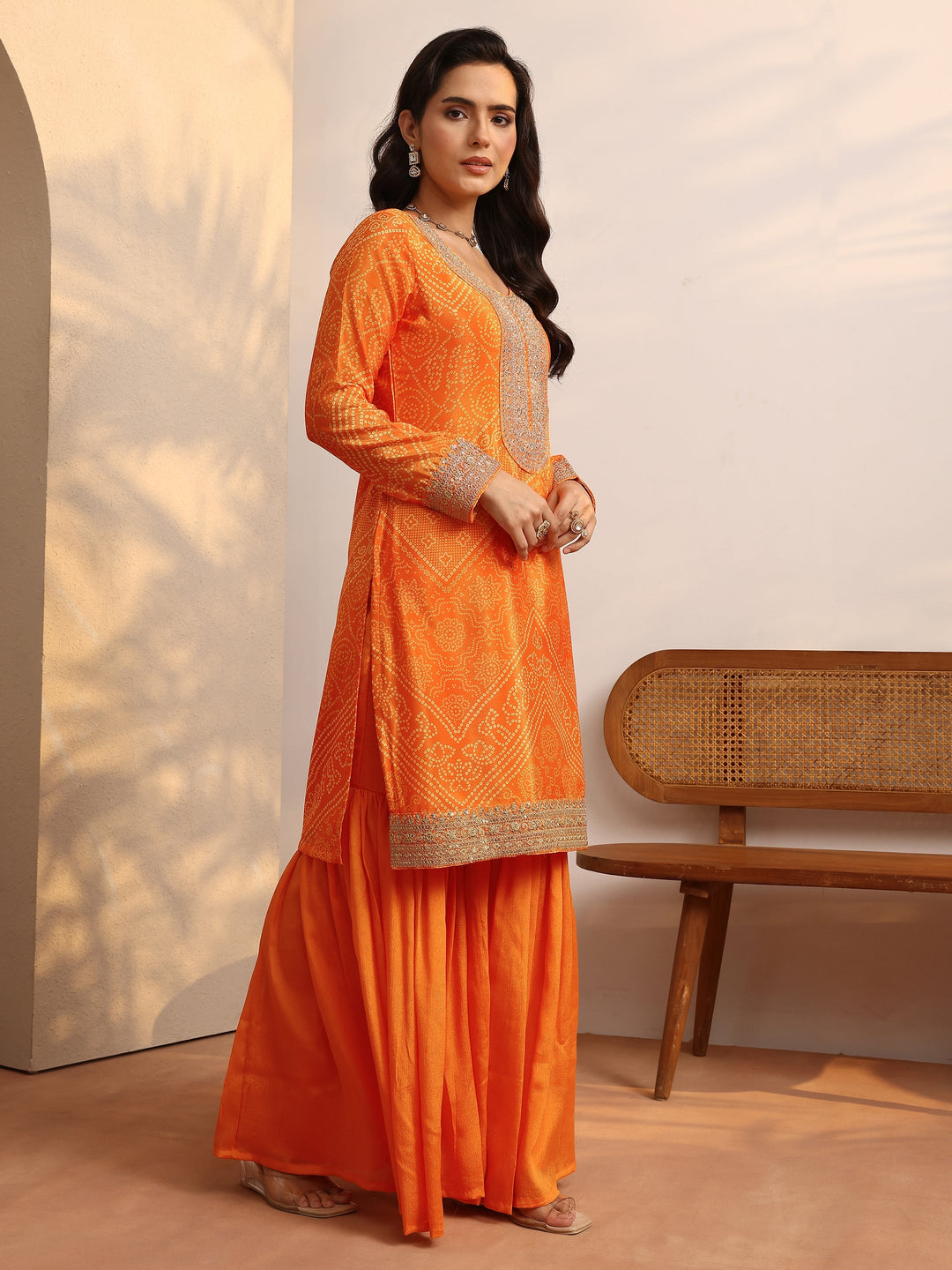 Mustard Bandhani Printed Chinon Straight Sharara Suit Set With Dupatta