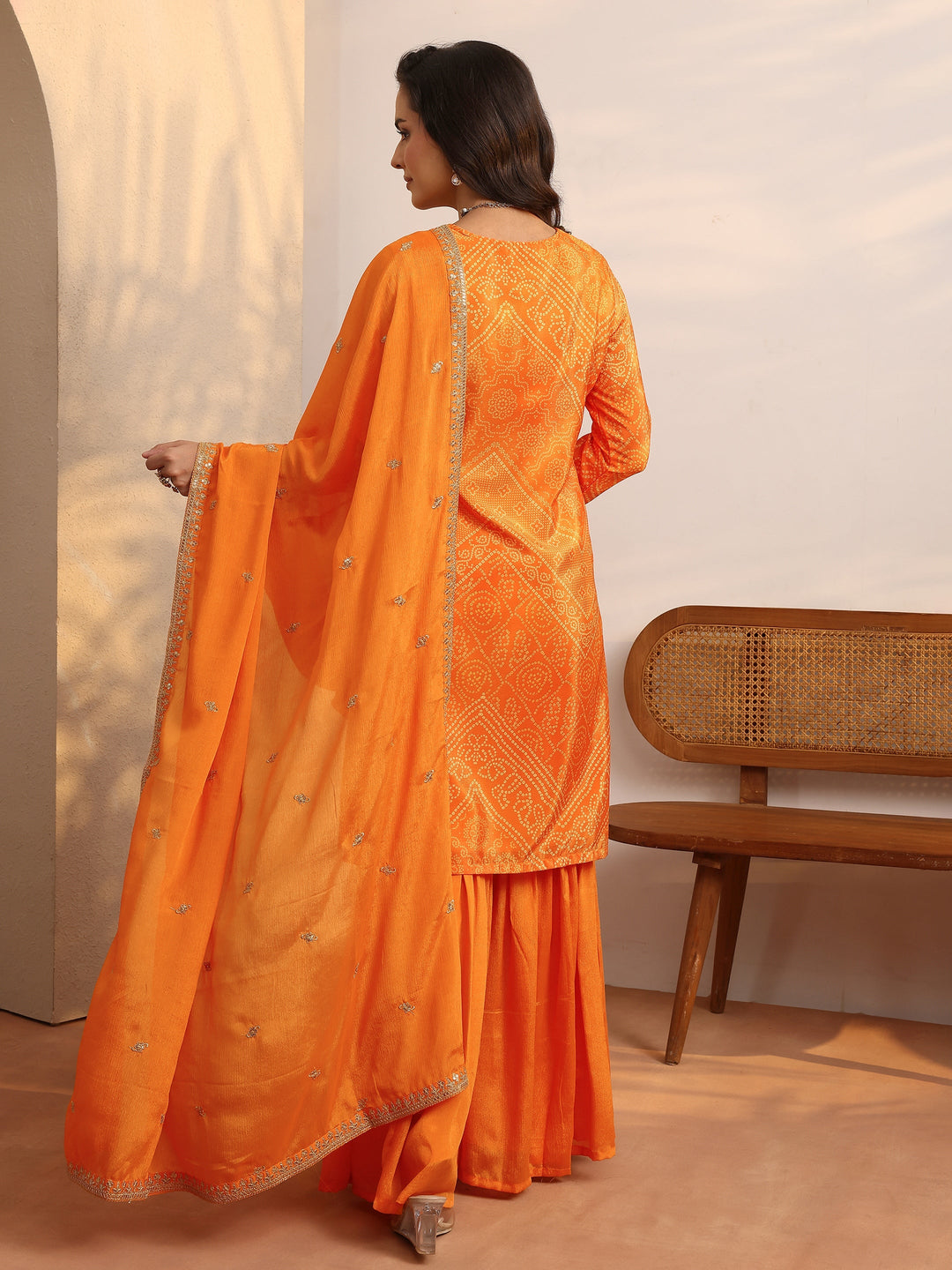 Mustard Bandhani Printed Chinon Straight Sharara Suit Set With Dupatta