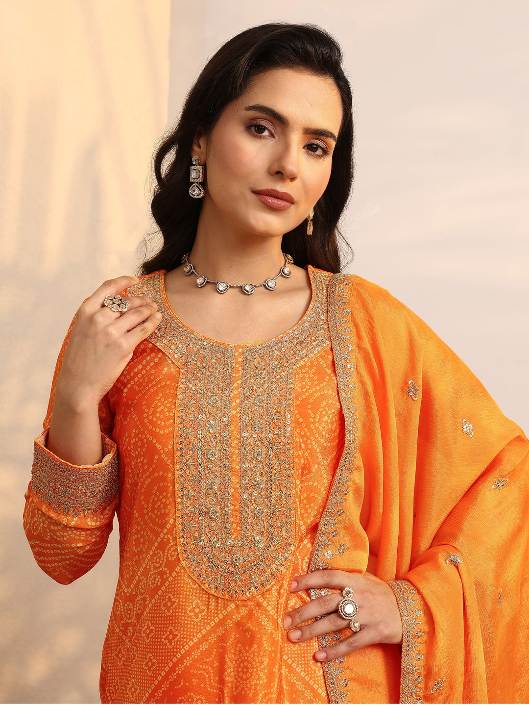 Mustard Bandhani Printed Chinon Straight Sharara Suit Set With Dupatta