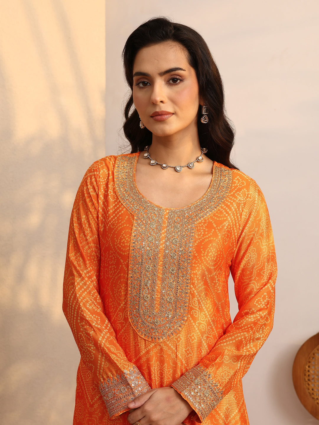 Mustard Bandhani Printed Chinon Straight Sharara Suit Set With Dupatta