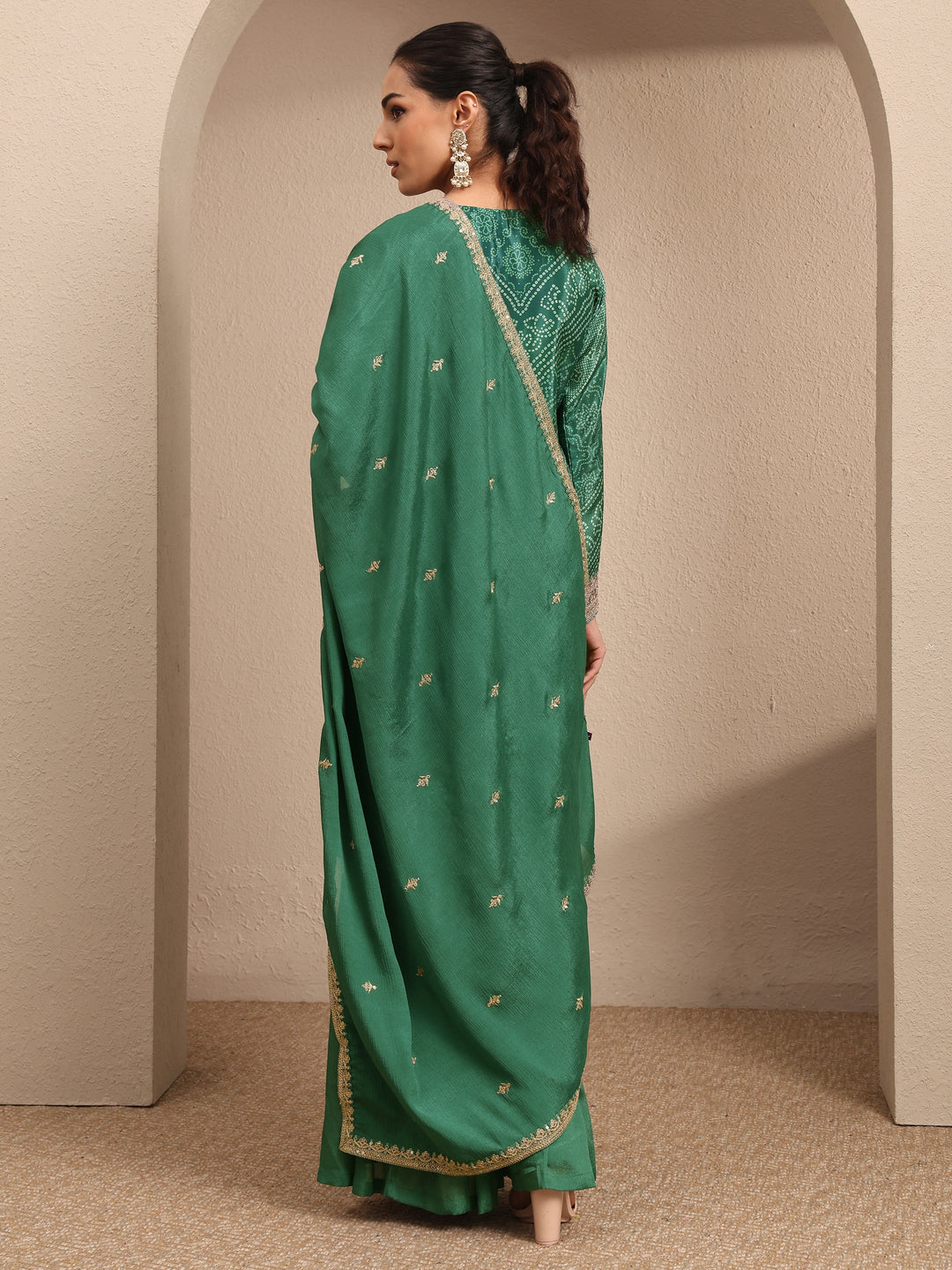Green Bandhani Printed Chinon Straight Sharara Suit Set With Dupatta