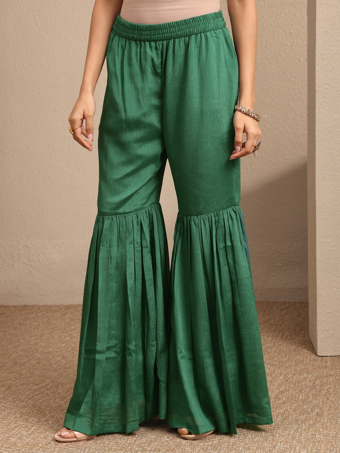 Green Bandhani Printed Chinon Straight Sharara Suit Set With Dupatta