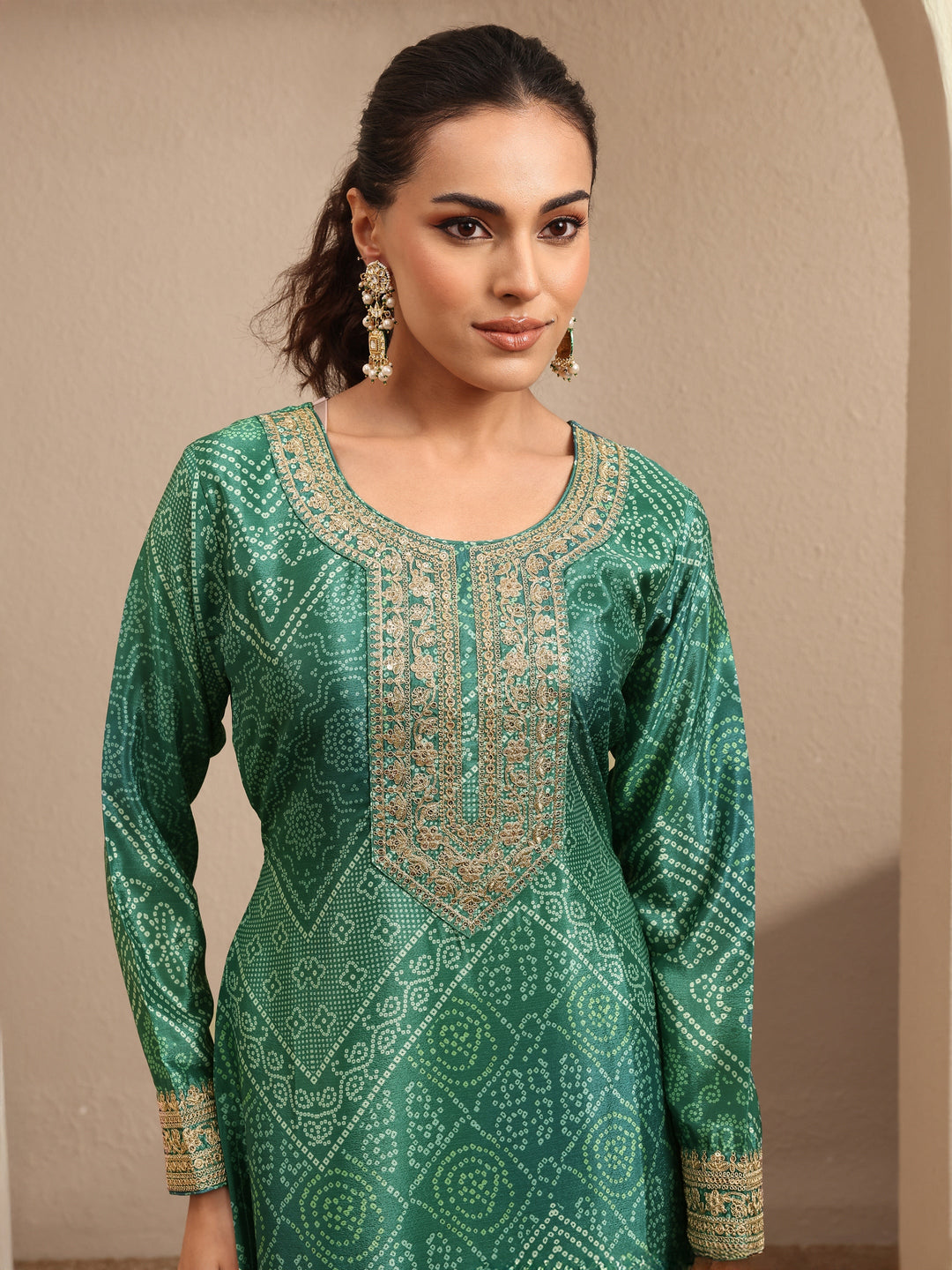 Green Bandhani Printed Chinon Straight Sharara Suit Set With Dupatta