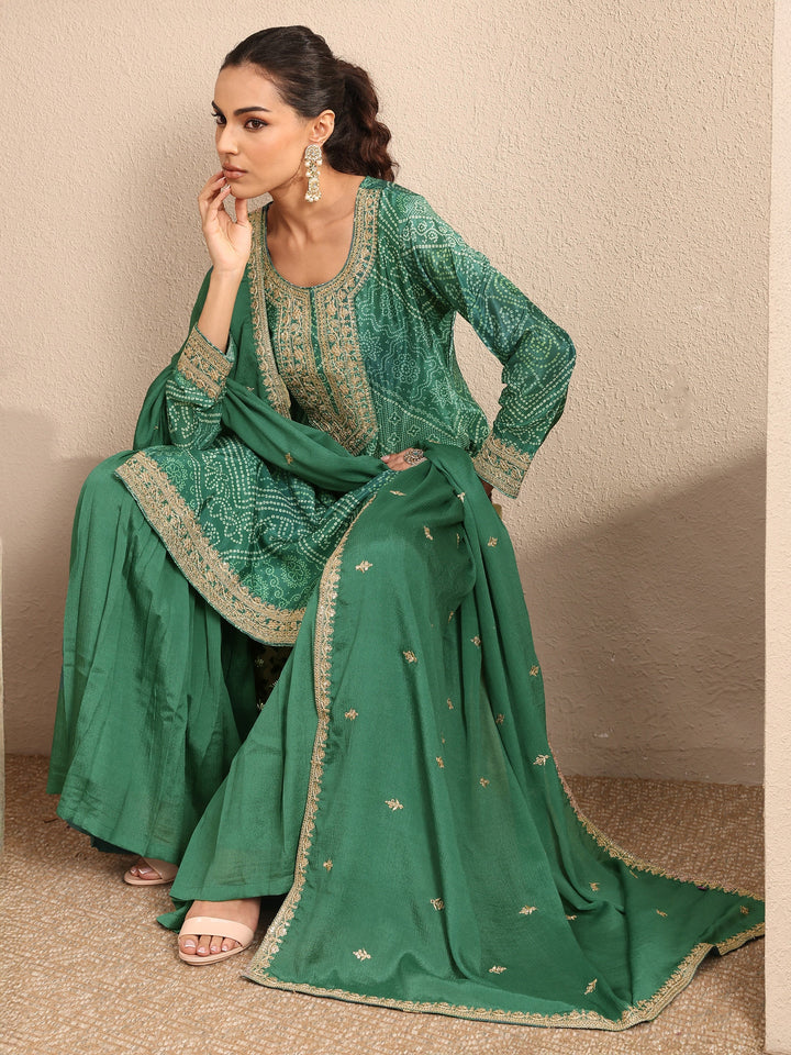 Green Bandhani Printed Chinon Straight Sharara Suit Set With Dupatta