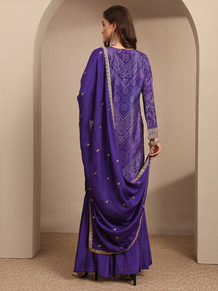 Purple Bandhani Printed Chinon Straight Sharara Suit Set With Dupatta