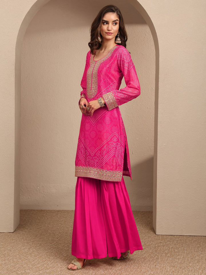 Pink Bandhani Printed Chinon Straight Sharara Suit Set With Dupatta
