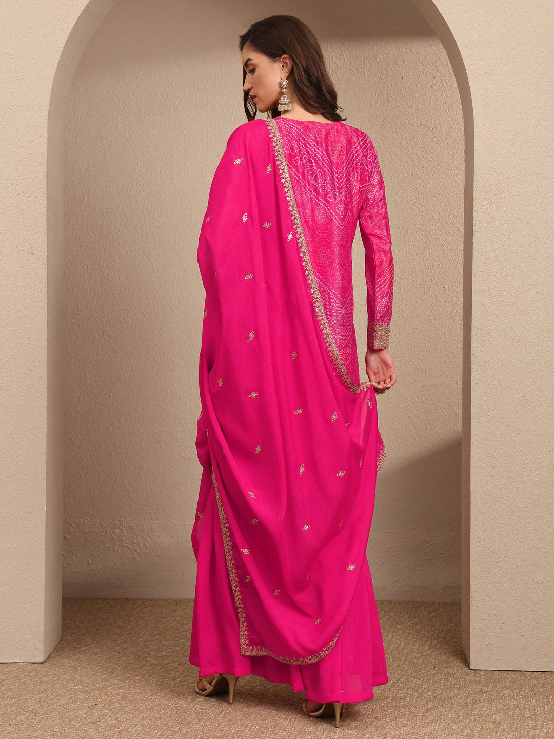 Pink Bandhani Printed Chinon Straight Sharara Suit Set With Dupatta