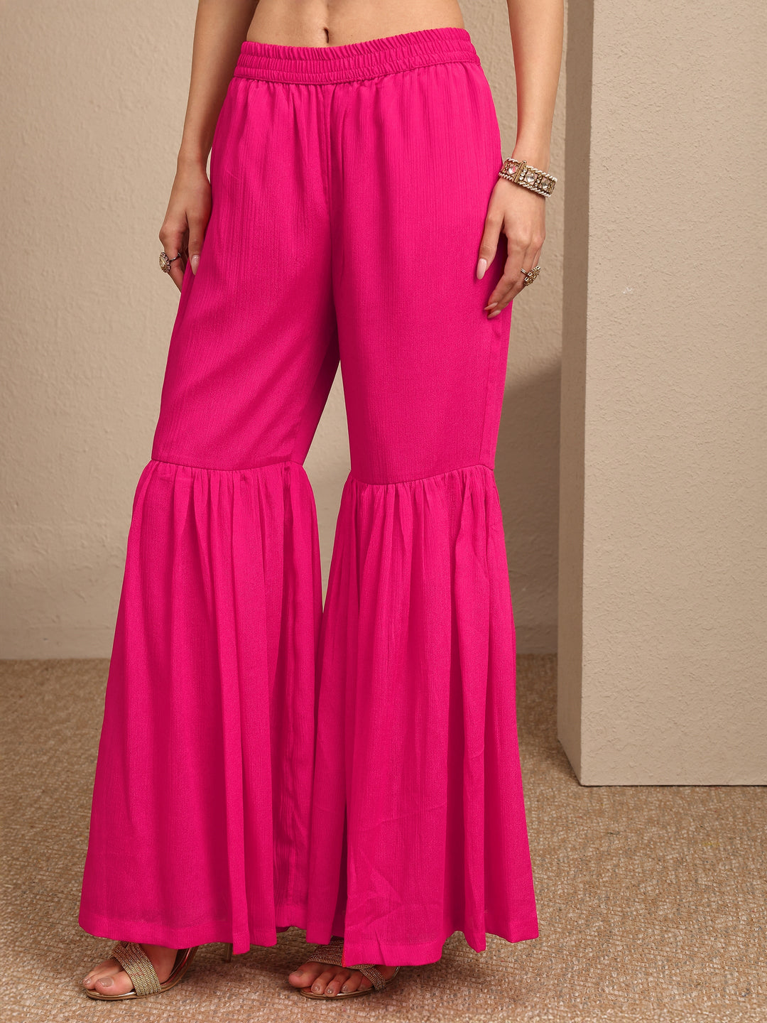 Pink Bandhani Printed Chinon Straight Sharara Suit Set With Dupatta