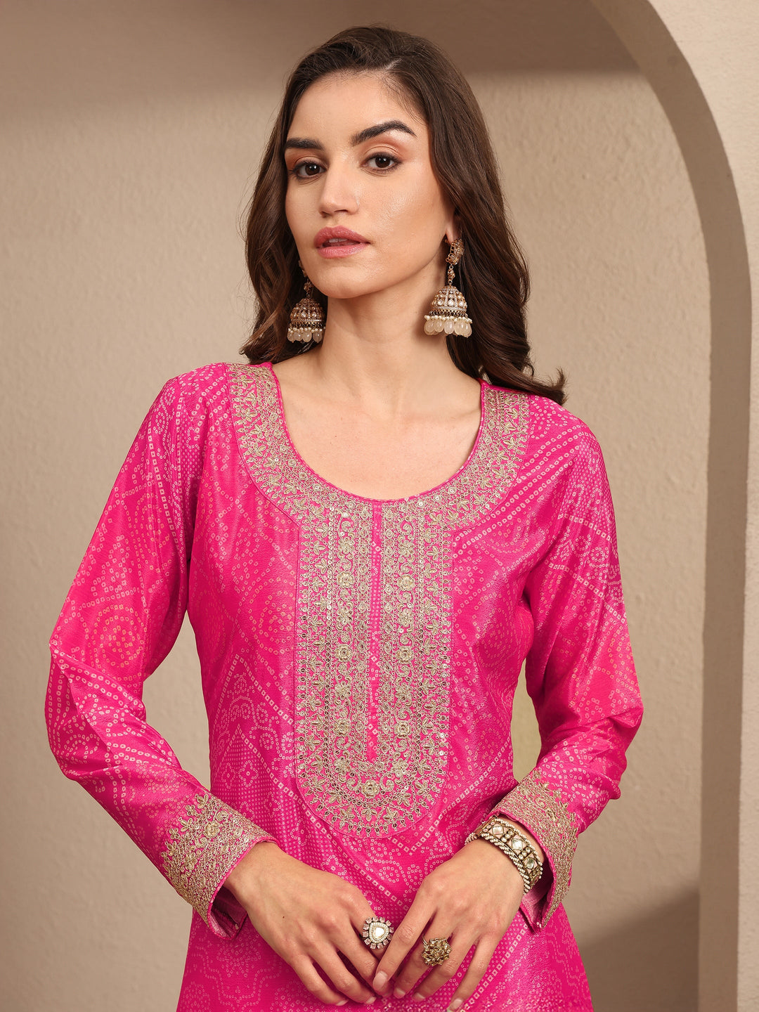 Pink Bandhani Printed Chinon Straight Sharara Suit Set With Dupatta