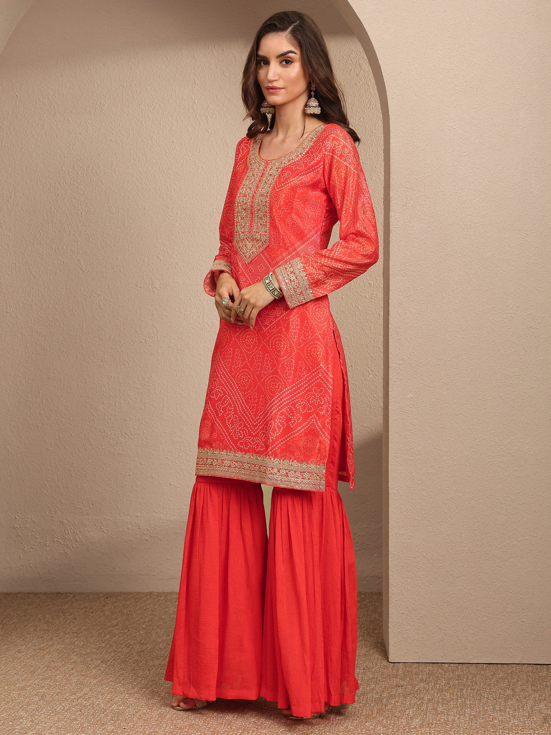 Orange Bandhani Printed Chinon Straight Sharara Suit Set With Dupatta