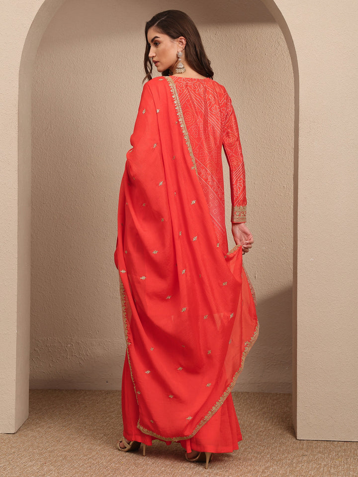 Orange Bandhani Printed Chinon Straight Sharara Suit Set With Dupatta