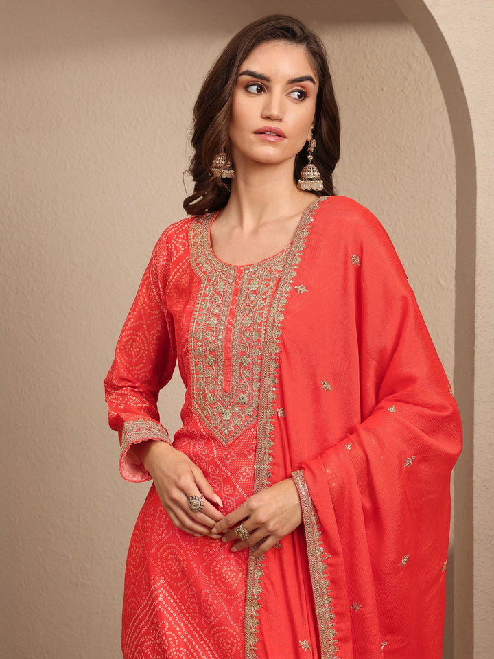 Orange Bandhani Printed Chinon Straight Sharara Suit Set With Dupatta