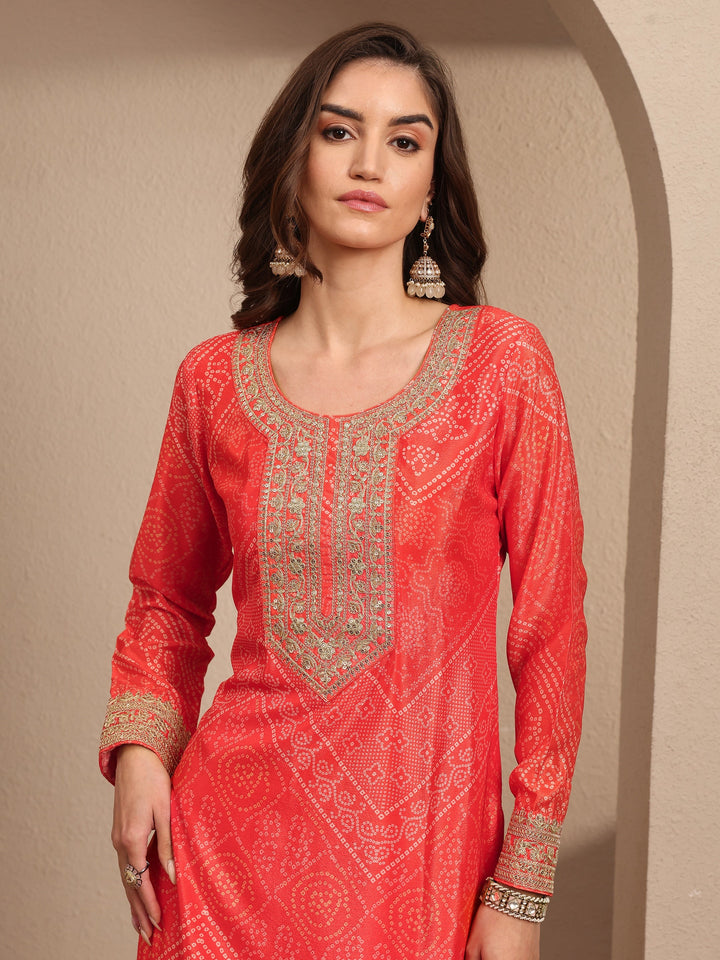 Orange Bandhani Printed Chinon Straight Sharara Suit Set With Dupatta
