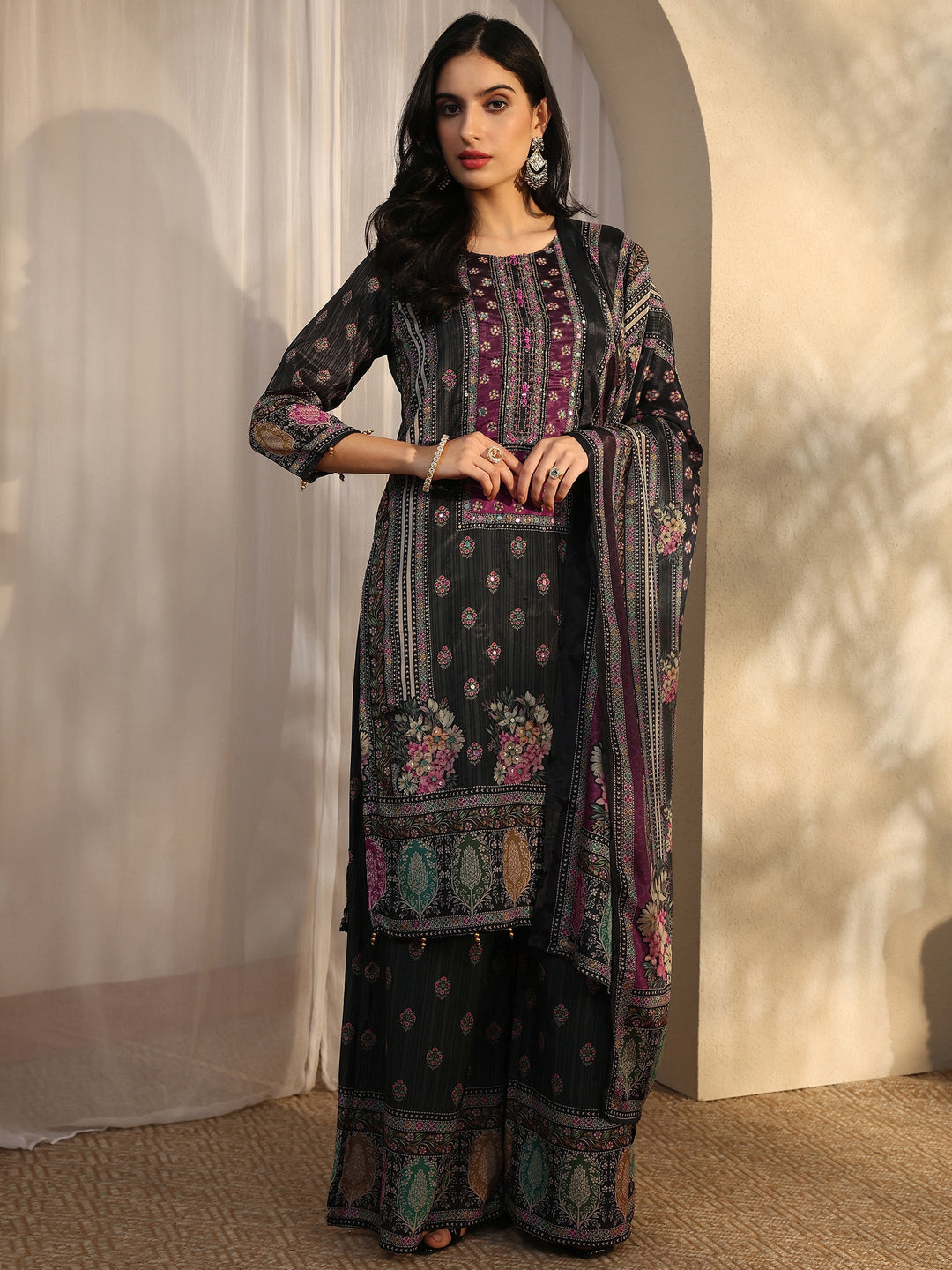 Grey Printed Chinon Straight Suit Set With Dupatta