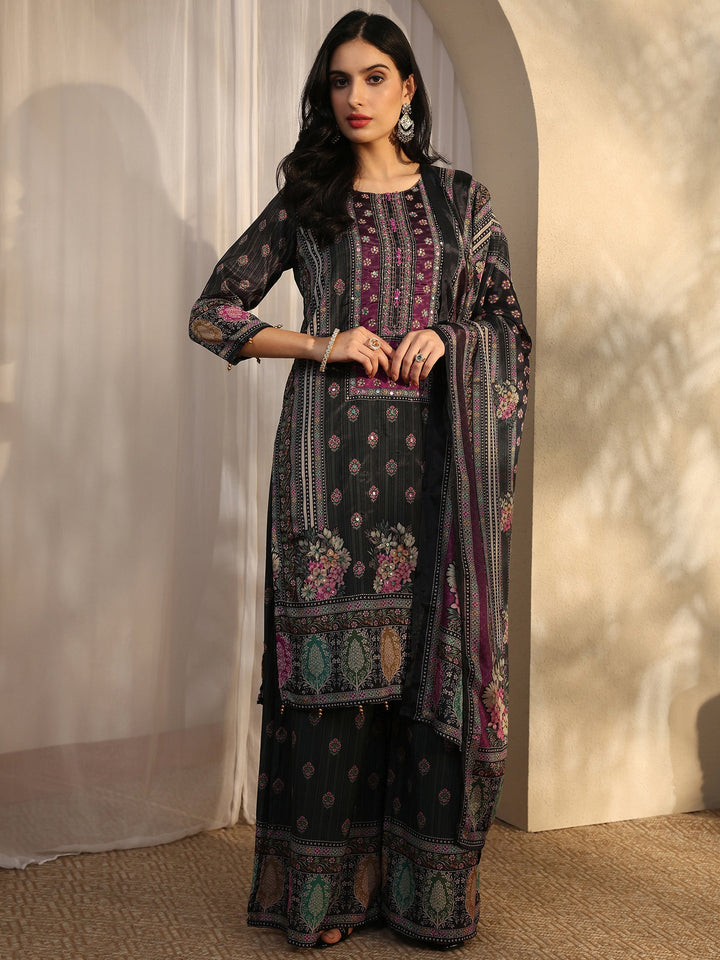 Grey Printed Chinon Straight Suit Set With Dupatta