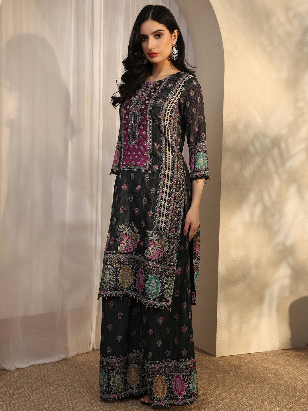 Grey Printed Chinon Straight Suit Set With Dupatta