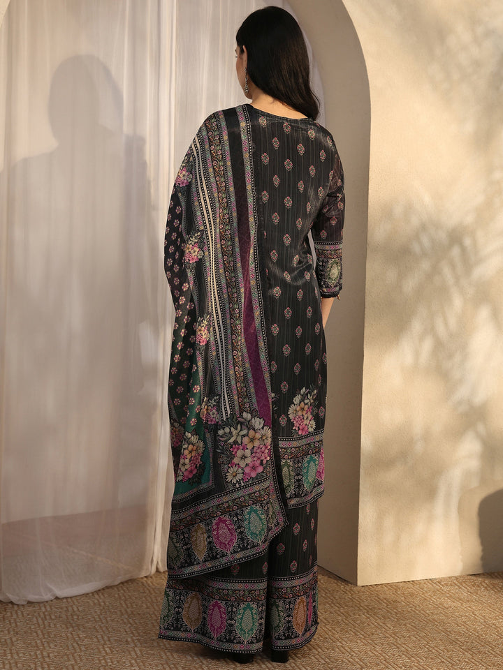 Grey Printed Chinon Straight Suit Set With Dupatta