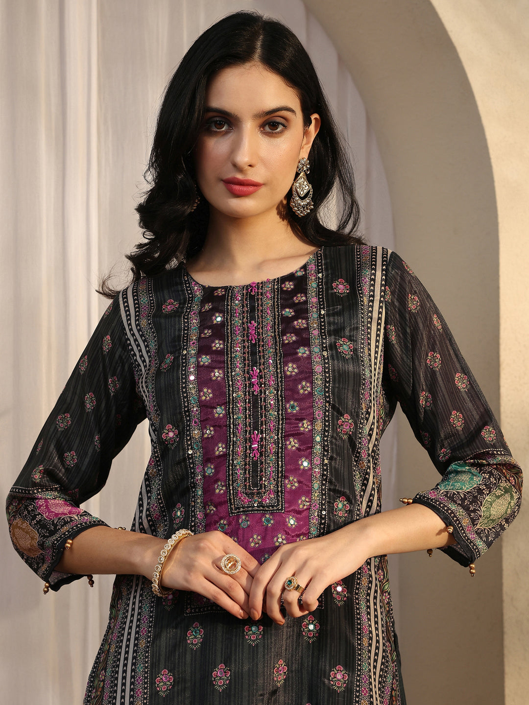 Grey Printed Chinon Straight Suit Set With Dupatta