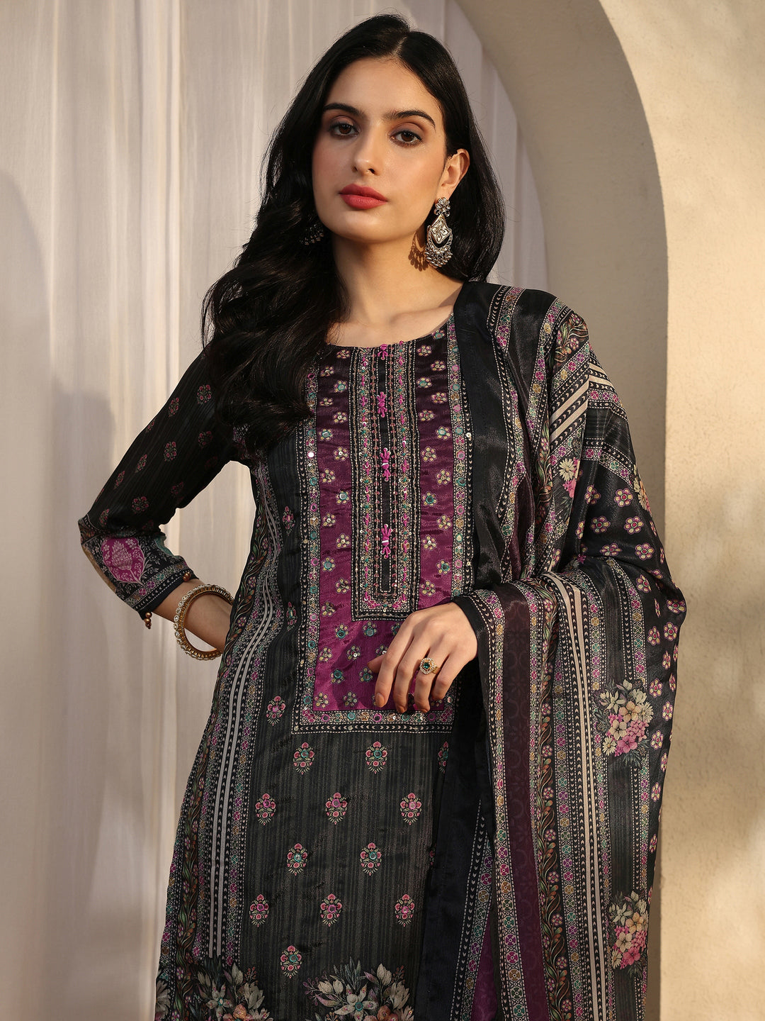Grey Printed Chinon Straight Suit Set With Dupatta