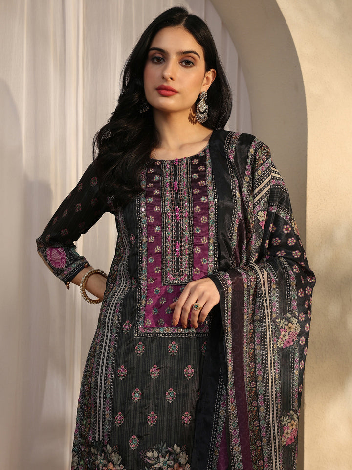 Grey Printed Chinon Straight Suit Set With Dupatta