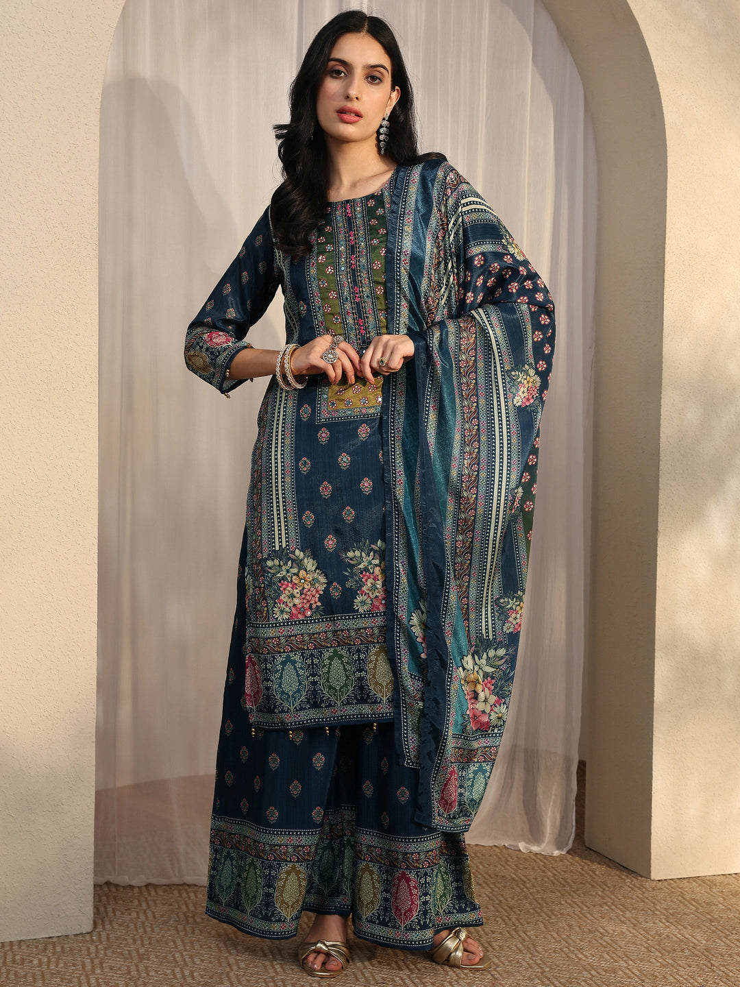 Blue Printed Chinon Straight Suit Set With Dupatta