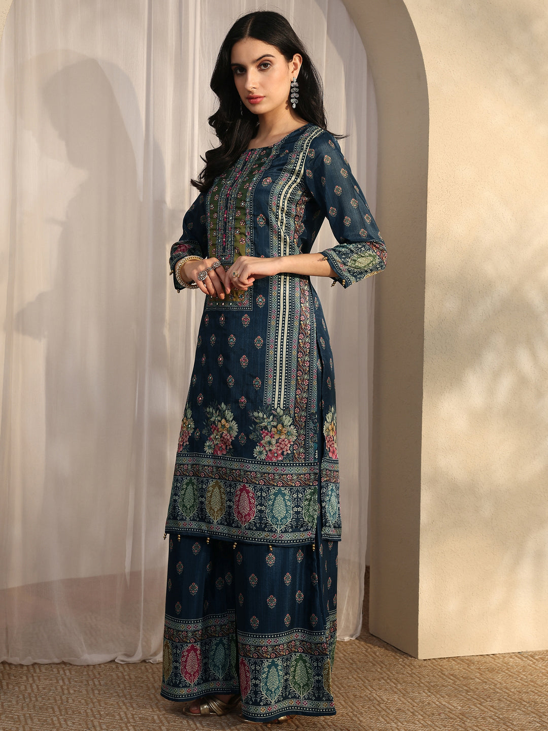Blue Printed Chinon Straight Suit Set With Dupatta