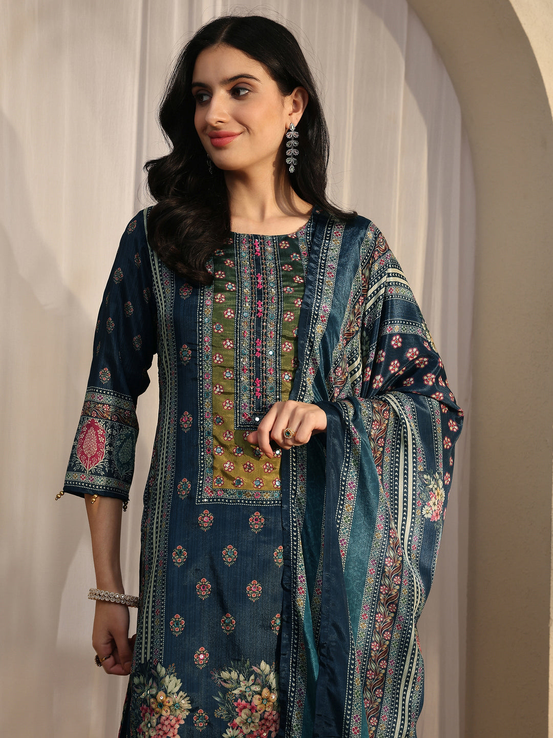 Blue Printed Chinon Straight Suit Set With Dupatta