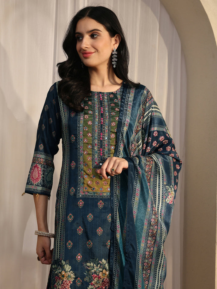 Blue Printed Chinon Straight Suit Set With Dupatta