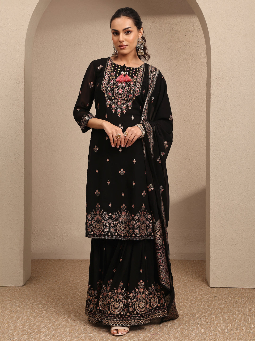Black Embroidered Georgette Straight Sharara Suit Set With Dupatta