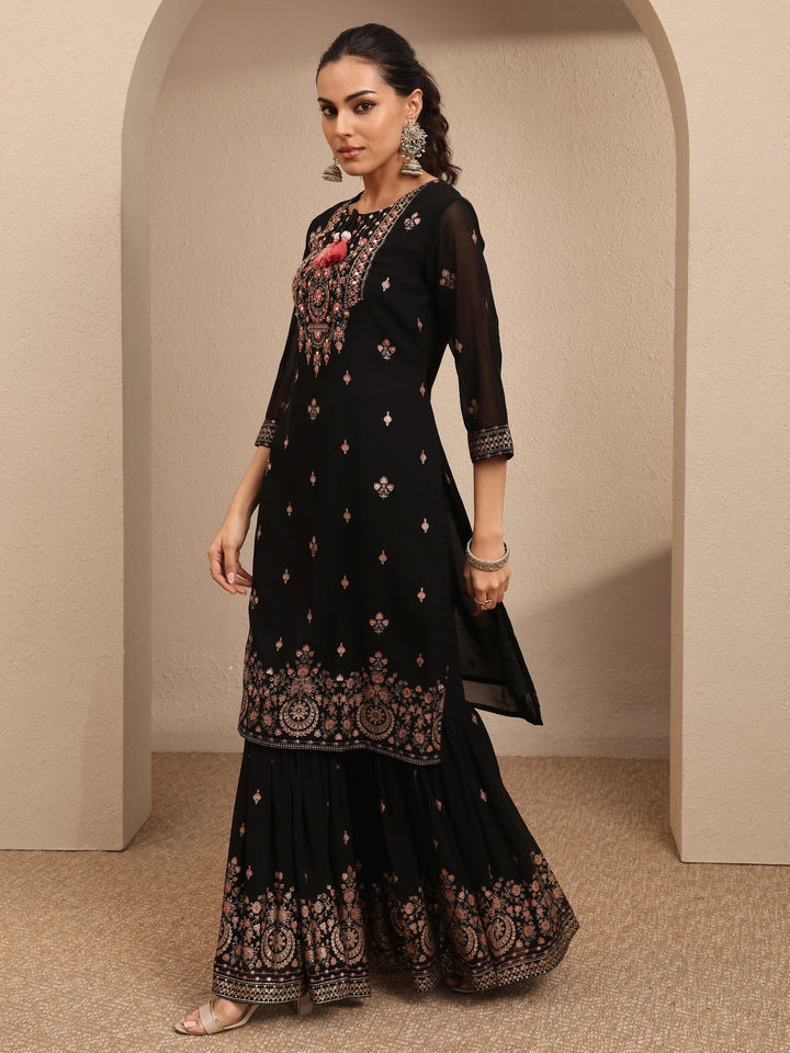 Black Embroidered Georgette Straight Sharara Suit Set With Dupatta