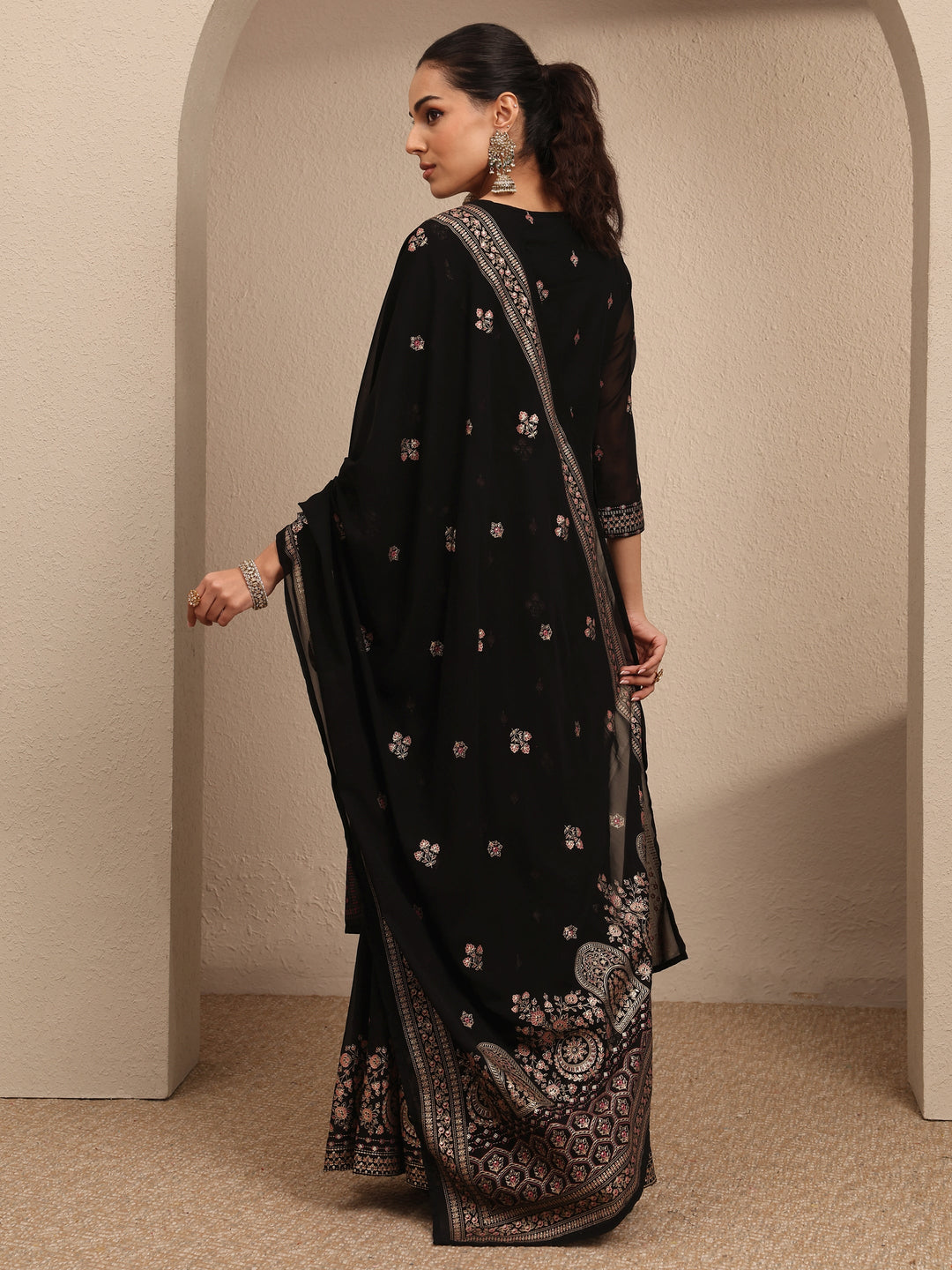 Black Embroidered Georgette Straight Sharara Suit Set With Dupatta