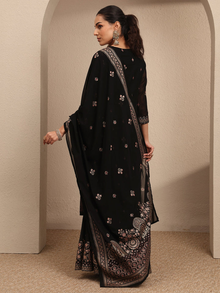 Black Embroidered Georgette Straight Sharara Suit Set With Dupatta