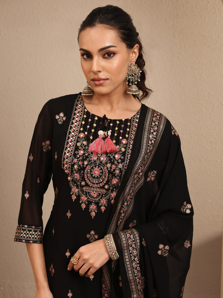 Black Embroidered Georgette Straight Sharara Suit Set With Dupatta