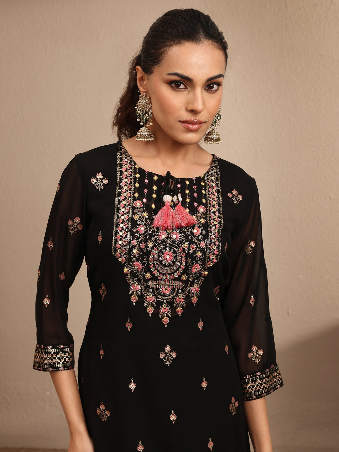 Black Embroidered Georgette Straight Sharara Suit Set With Dupatta