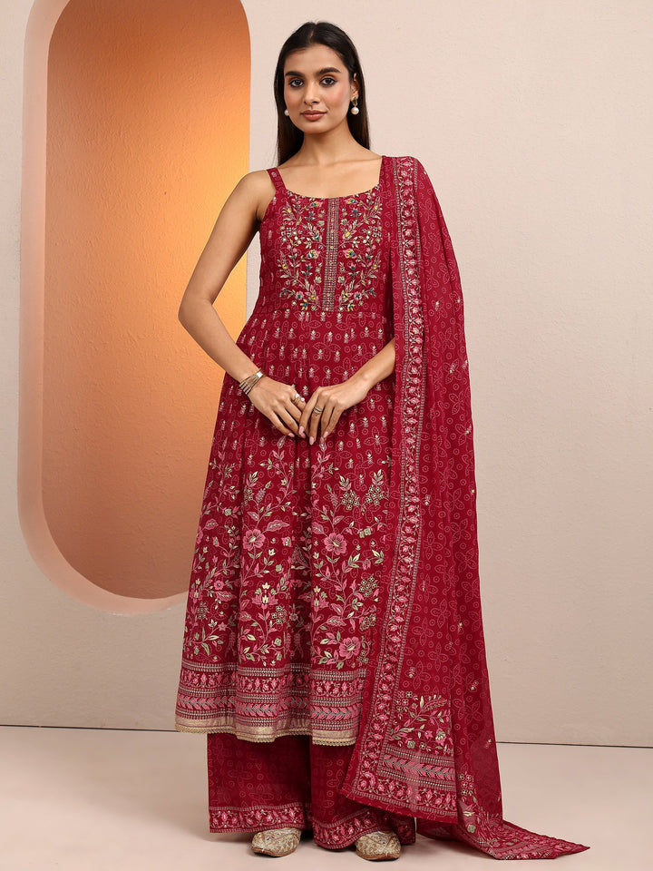 Red Printed Georgette Anarkali Suit Set With Dupatta