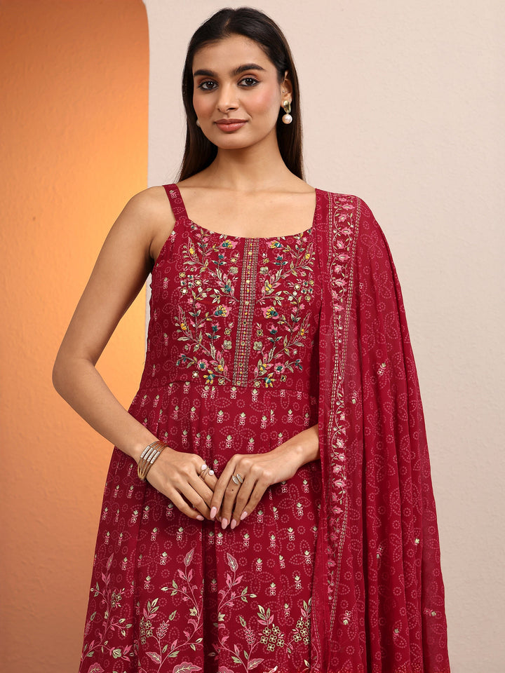 Red Printed Georgette Anarkali Suit Set With Dupatta
