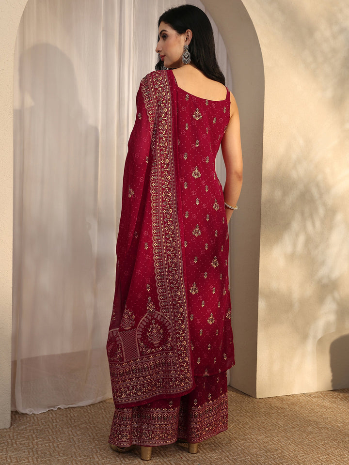 Red Printed Georgette Straight Suit Set With Dupatta
