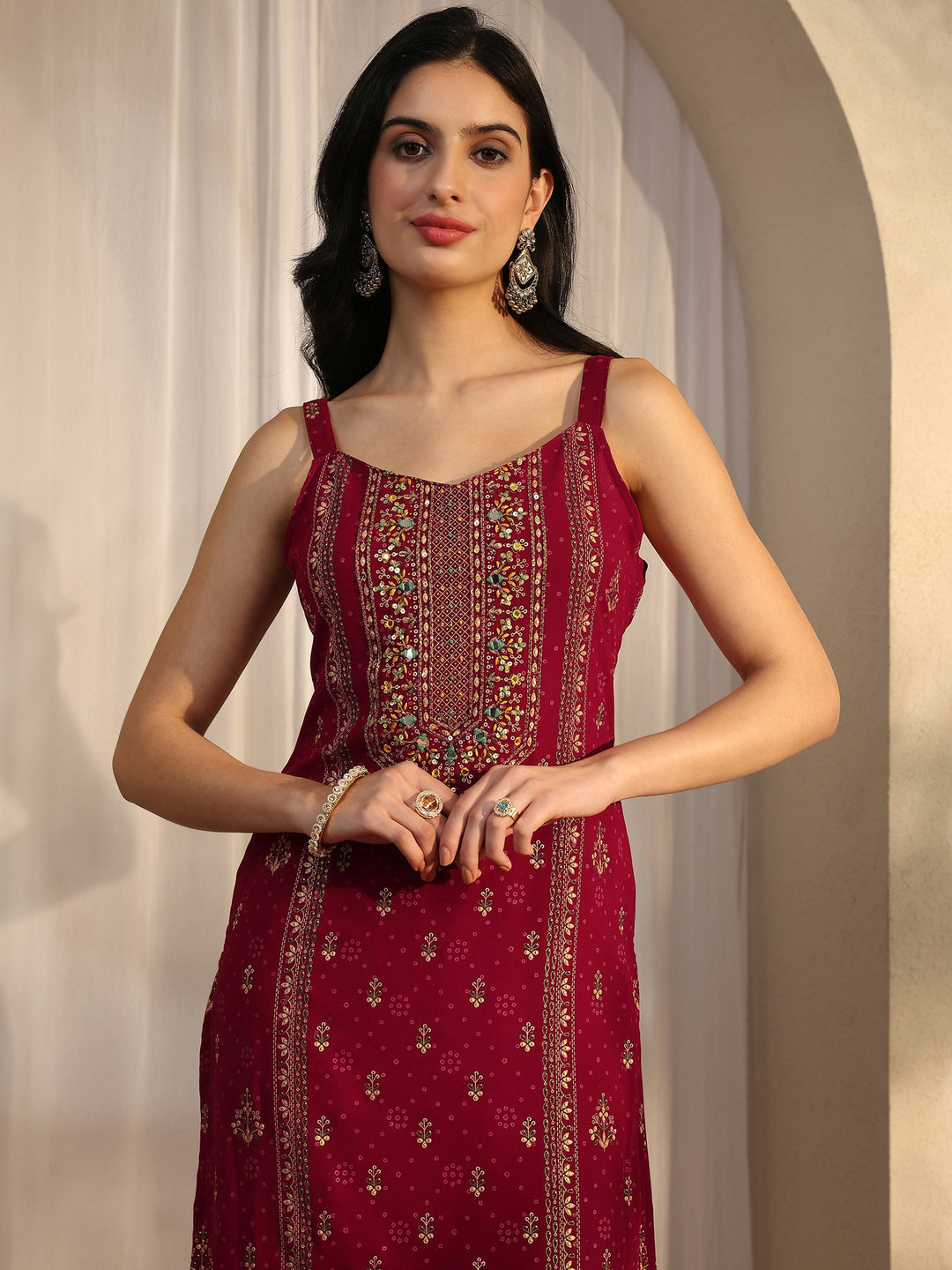 Red Printed Georgette Straight Suit Set With Dupatta