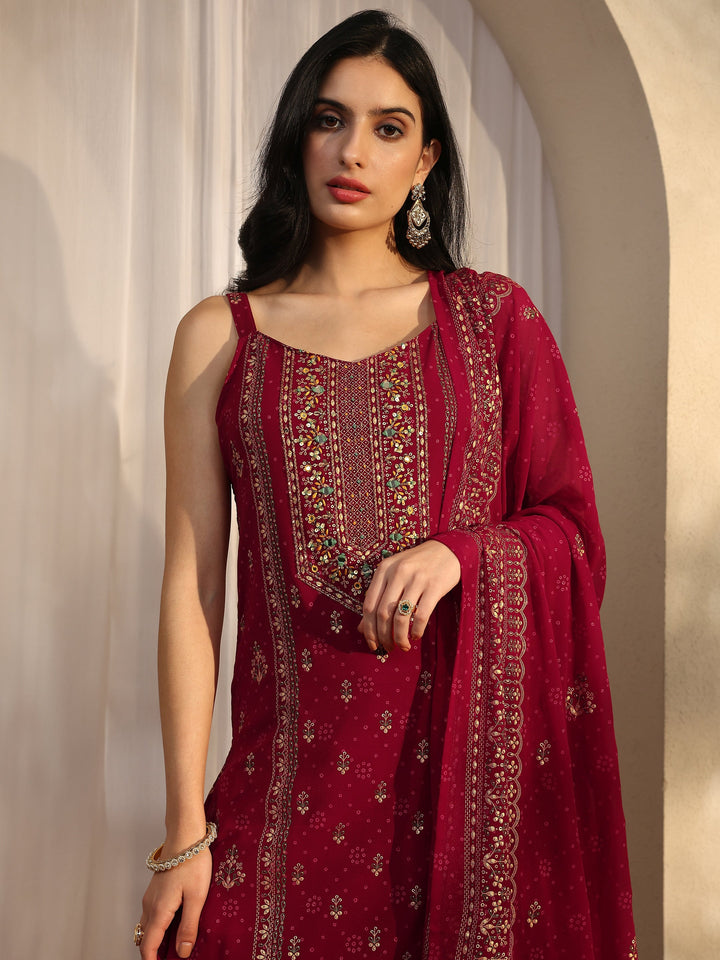 Red Printed Georgette Straight Suit Set With Dupatta