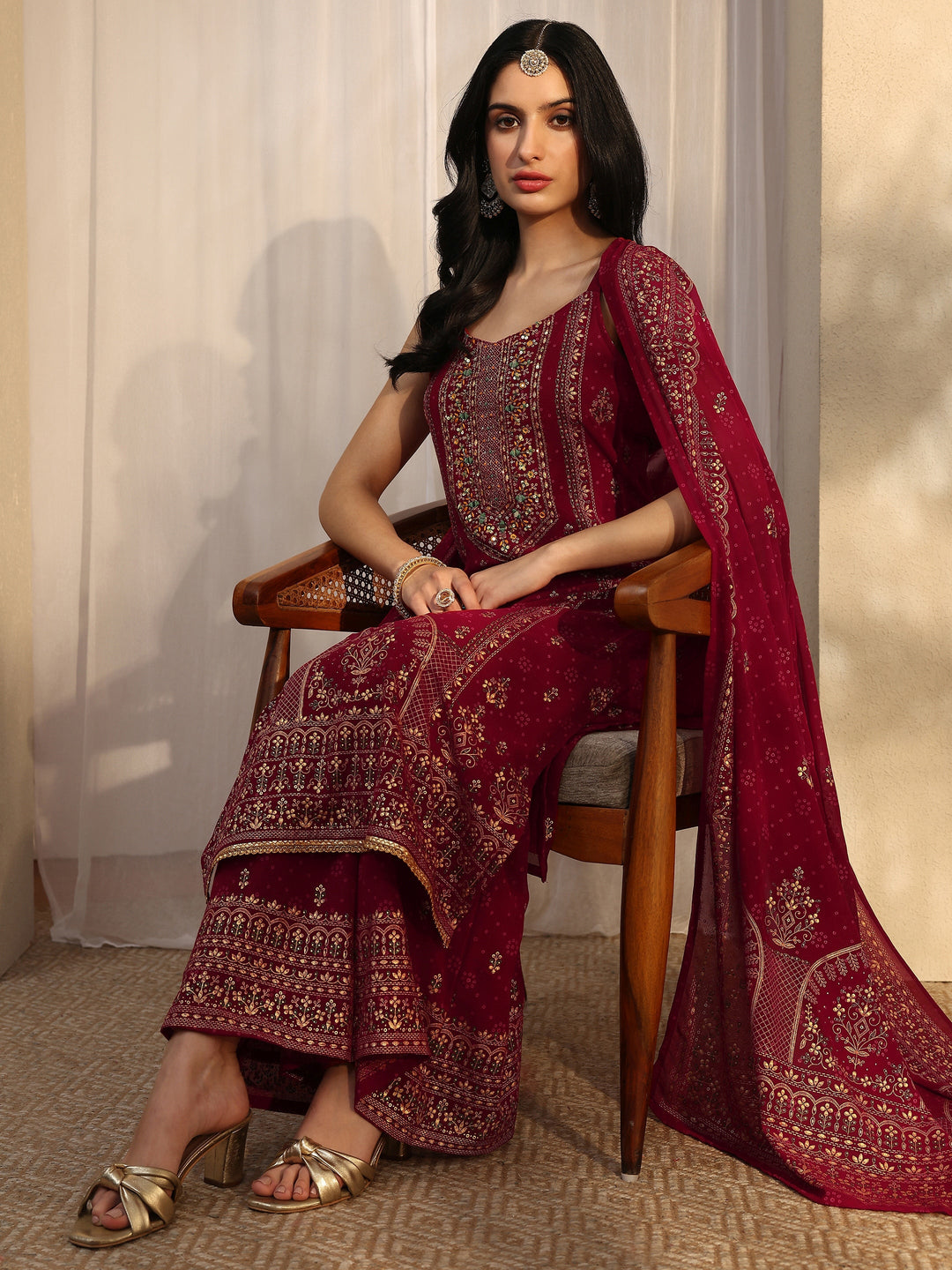 Red Printed Georgette Straight Suit Set With Dupatta