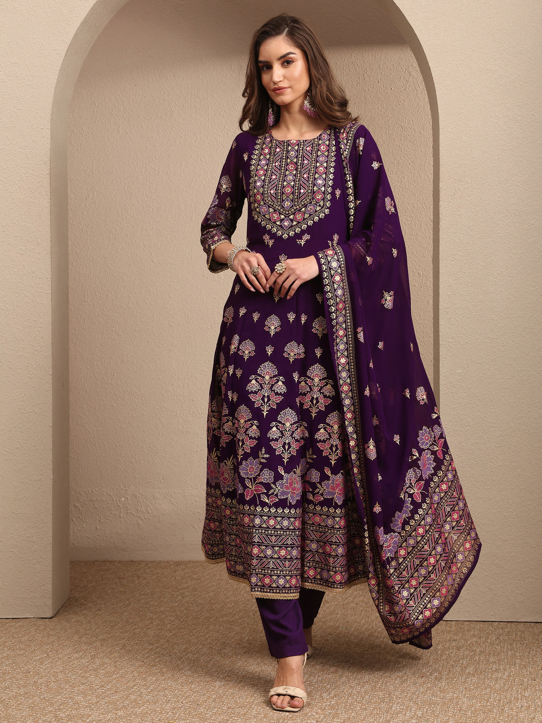 Purple Embroidered Georgette A-line Suit Set With Dupatta