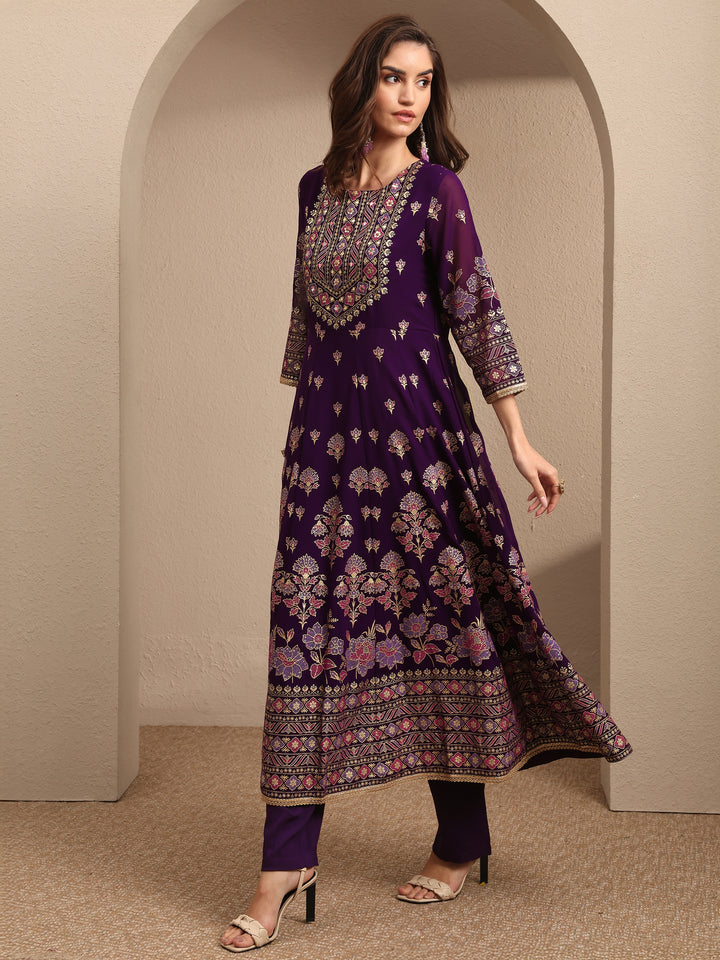 Purple Embroidered Georgette A-line Suit Set With Dupatta