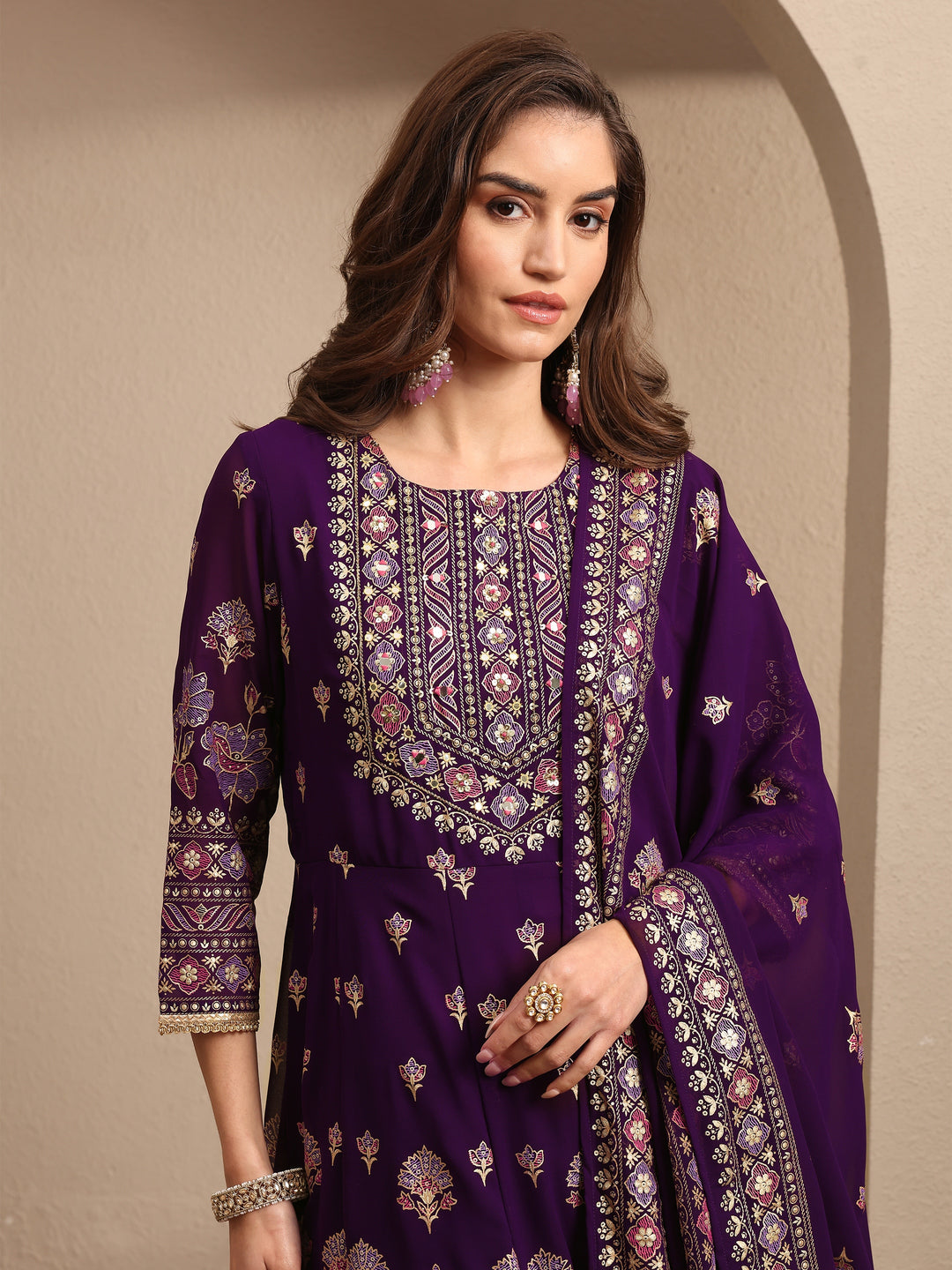 Purple Embroidered Georgette A-line Suit Set With Dupatta