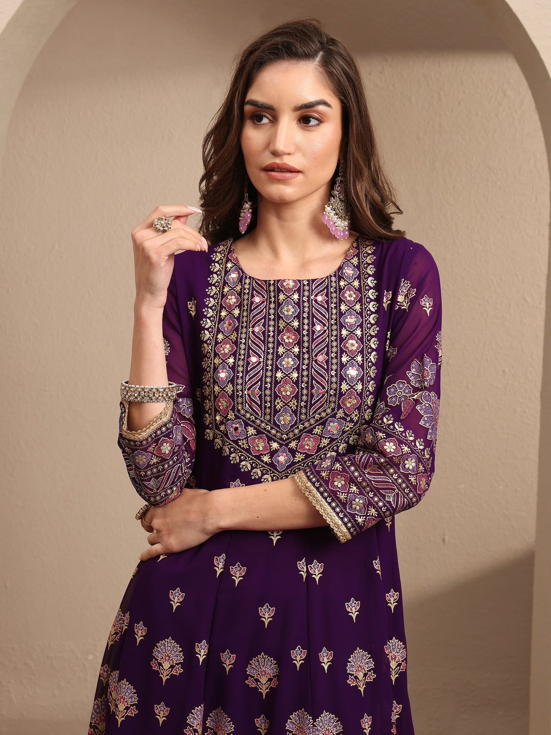 Purple Embroidered Georgette A-line Suit Set With Dupatta