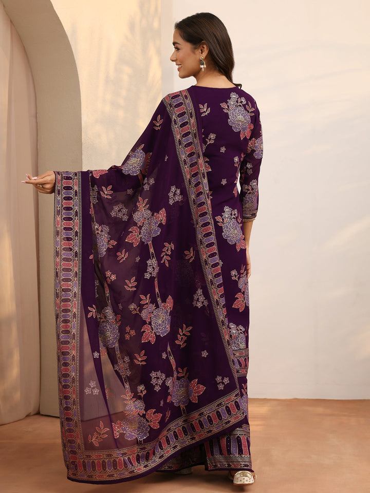 Purple Printed Georgette Straight Suit Set With Dupatta